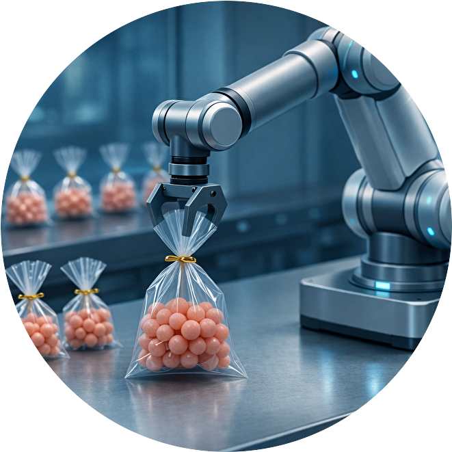 お菓子袋をつかむロボットアーム